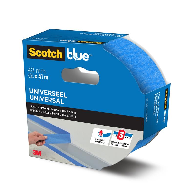 Un rouleau de ruban de masquage ScotchBlue™ "Multi-Surface" de 3M Deutschland GmbH en bleu, 48 mm x 41 m, est livré dans une boîte de marque bleu-blanc avec des inscriptions multilingues et une découpe montrant le ruban.