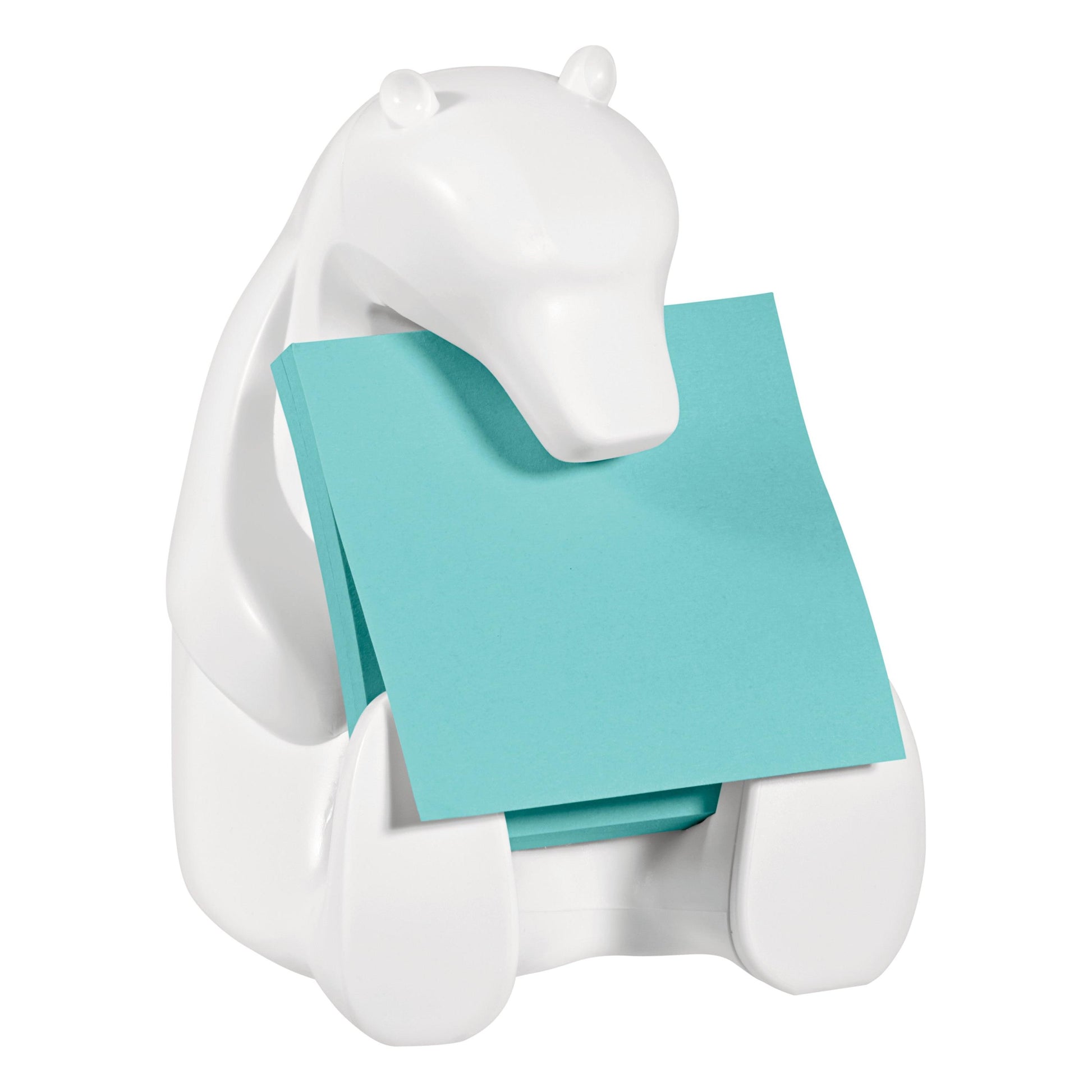 Der weiße Post-it® Z-Notes Dispenser in Bärenform von 3M Deutschland GmbH hält blaue, quadratische Super Sticky Z-Notes (76 x 76 mm) an seiner Brust; jede Packung enthält 2 Blöcke mit je 45 Blatt.
