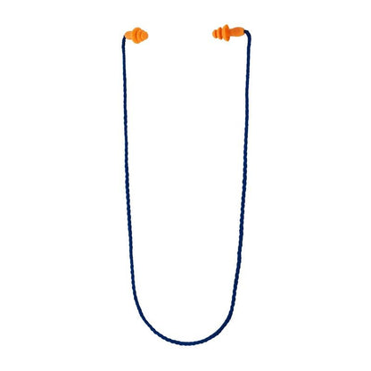 Une paire de bouchons d'oreilles orange 3M™ avec cordon 1271 (design à trois brides, SNR 26 dB, réutilisable) de 3M Deutschland GmbH, reliée par un cordon bleu et présentée sur fond blanc.