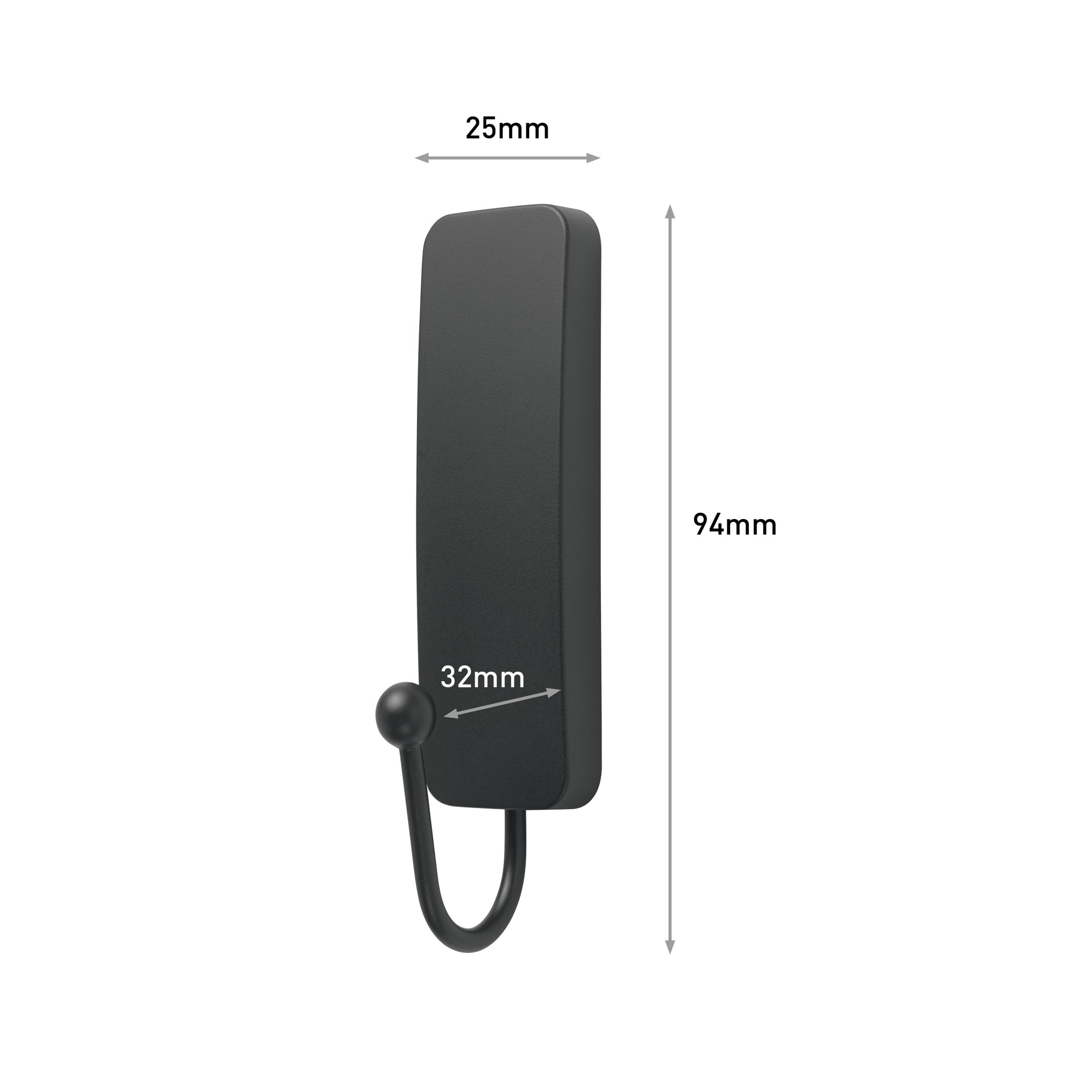Der Mittelgroßer Command™ mattschwarzer Haken (17034B) von 3M Deutschland GmbH hat eine rechteckige Rückenplatte (94mm x 25mm) und ragt 32mm aus der Basis heraus. Die Packung enthält 1 Haken und 2 Streifen.
