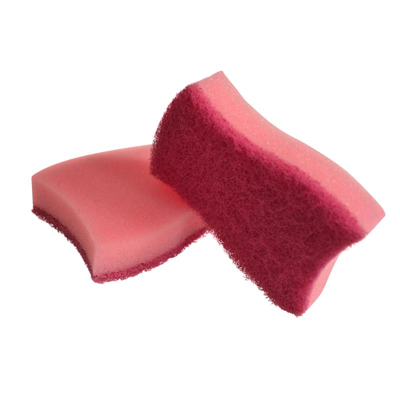 Deux éponges de nettoyage non abrasives Scotch-Brite® Delicate Color (2 pièces par paquet) de 3M Deutschland GmbH sont empilées; chaque éponge a un côté récurant et un côté doux pour les surfaces délicates.