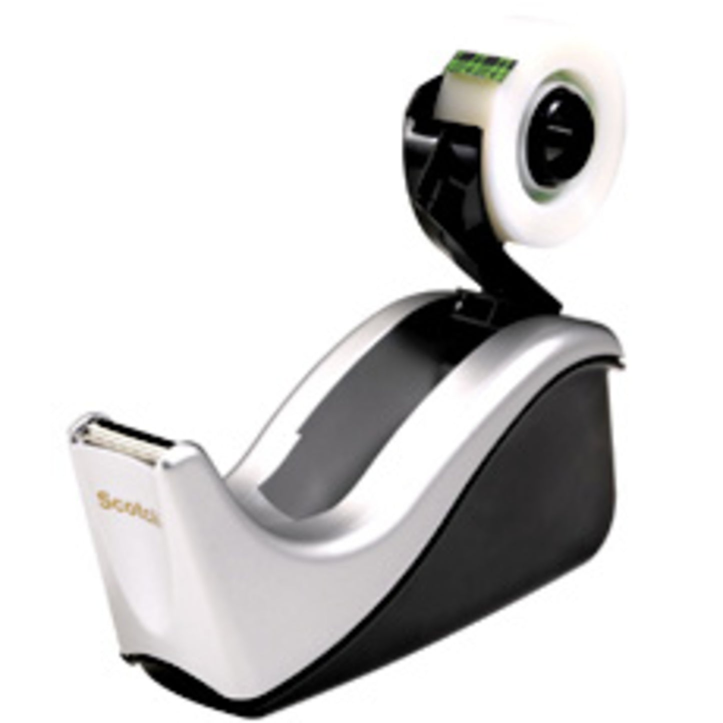 Le dévidoir de ruban adhésif Scotch™ C60 de 3M Deutschland GmbH est équipé d'un ruban adhésif invisible Scotch® Magic™ partiellement utilisé (19 mm x 33 mm); le distributeur noir et argenté porte sur le devant le nom de la marque.