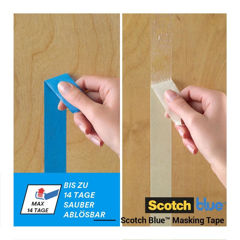 Une main décolle le ruban de masquage ScotchBlue™ "Multi-Surface" de 3M Deutschland GmbH du bois (à gauche) et d'un ruban beige (à droite). Le ScotchBlue™ ne laisse aucun résidu, tandis que le ruban beige laisse des résidus blancs. Texte et logos sont représentés en bas.