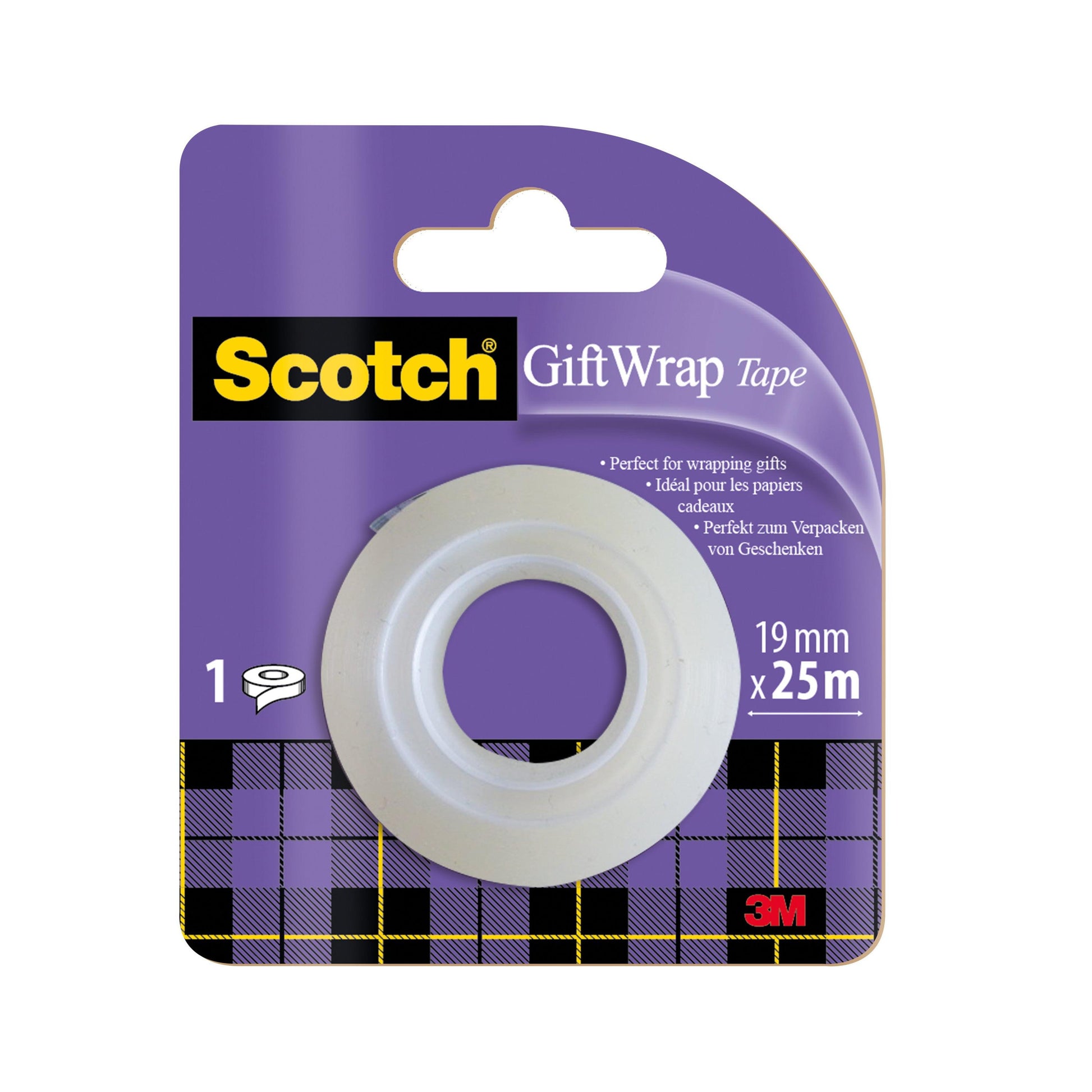Scotch® Geschenk-Satinklebeband, Nachfüllpackung von 3M Deutschland GmbH (1 Rolle, 19 mm x 25 m), mit lilafarbenem Hintergrund, kariertem Muster an der Unterseite und einer Auflistung der Eigenschaften in Deutsch, Englisch und Französisch.
