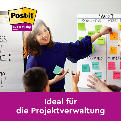 Une femme anime une réunion de projet et fait référence à un diagramme SWOT avec des Post-it® Super Sticky Z-Notes colorés (76x76mm). Les collègues discutent activement. Marque de 3M Deutschland GmbH, 14 blocs plus 2 gratuits par paquet, 100% certifié PEFC.