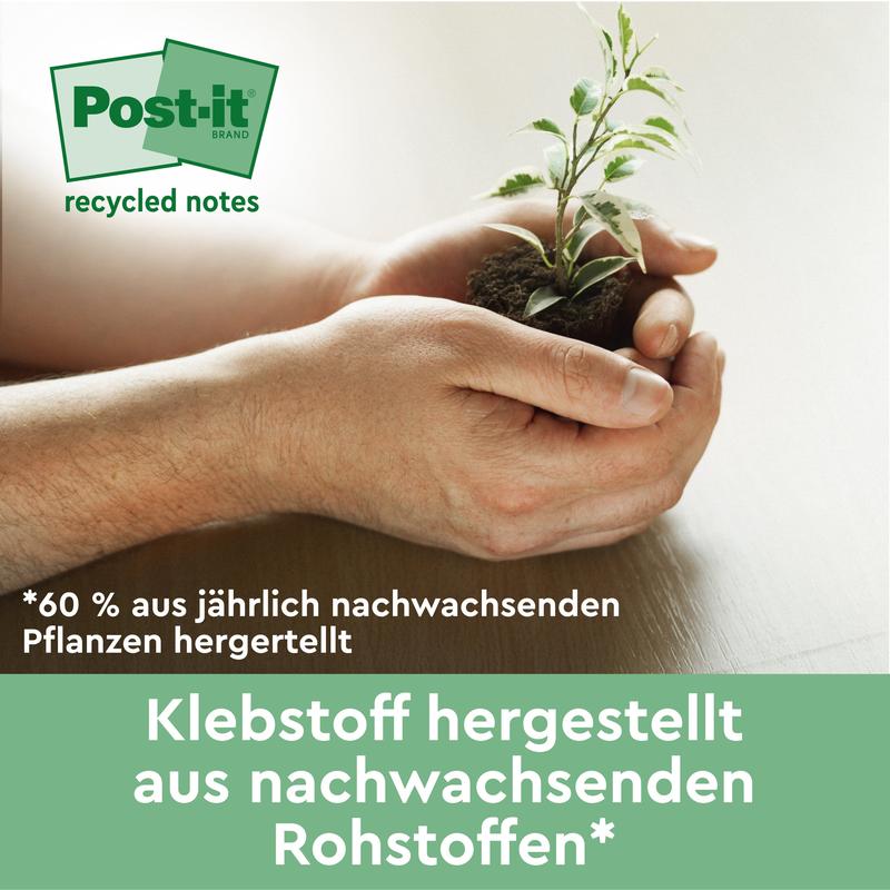 Une paire de mains tient une petite plante avec de la terre et fait la promotion des notes de recyclage Post-it® (76 x 127 mm, 100 feuilles/bloc, 100% PEFC) de 3M Deutschland GmbH. Le texte allemand met en avant l'adhésif fabriqué à partir de ressources renouvelables annuelles.