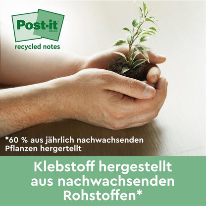 Une paire de mains tient une petite plante avec de la terre et fait la promotion des notes de recyclage Post-it® (76 x 127 mm, 100 feuilles/bloc, 100% PEFC) de 3M Deutschland GmbH. Le texte allemand met en avant l'adhésif fabriqué à partir de ressources renouvelables annuelles.