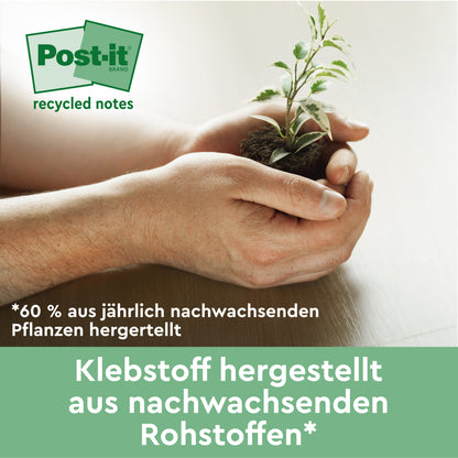 Ein Paar Hände hält einen kleinen grünen Setzling mit Erde. Der deutsche Text wirbt für die Post-it® Super Sticky 100% Recycling Notes (76x76 mm, 70 Blatt/Block, PEFC-zertifiziert) von 3M und hebt deren umweltfreundlichen, pflanzenbasierten Klebstoff hervor.