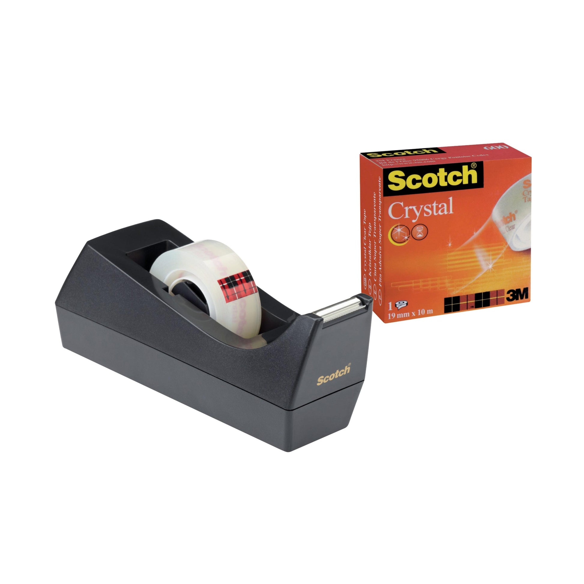 Ein schwarzer Scotch™ C38 Klebebandabroller mit einer Rolle Scotch® Crystal Tape (19 mm x 10 m) ist neben der orangefarbenen Verpackung der 3M Deutschland GmbH abgebildet.