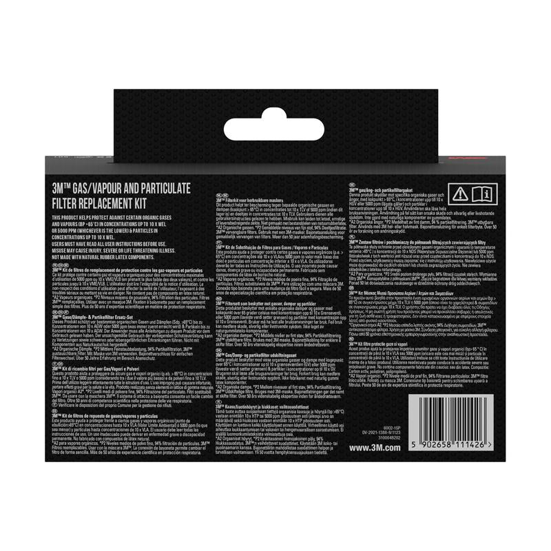 Rückansicht eines 3M™ Filtersatzes 6002-1, A2P2 organische Dämpfe (2x6055, 2x5925, 2x501) | Packung (1 Stück) von 3M Deutschland GmbH, mit Produktdetails, Anweisungen und Warnhinweisen zu organischen Dämpfen in mehreren Sprachen.