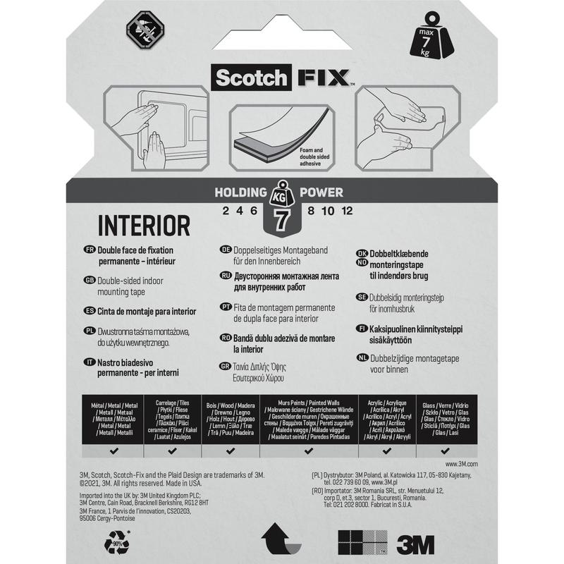 L'emballage du ruban de montage intérieur double face Scotch-FIX™ de 3M Deutschland GmbH montre du texte multilingue, des images d'application et des symboles indiquant que le ruban peut supporter jusqu'à 7 kg.