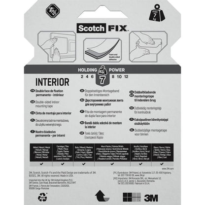 L'emballage du ruban de montage intérieur double face Scotch-FIX™ de 3M Deutschland GmbH montre du texte multilingue, des images d'application et des symboles indiquant que le ruban peut supporter jusqu'à 7 kg.