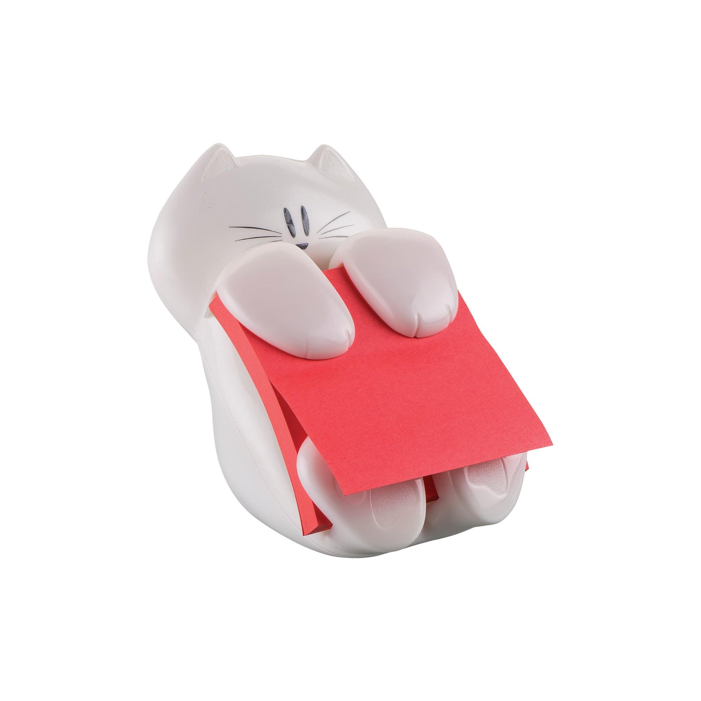 Ein Post-it® Z-Notes Dispenser im weißen Katze-Design von 3M Deutschland GmbH hält einen Stapel pinkfarbener 76 x 76 mm Post-it® Super Sticky Z-Notes (90 Blatt), abgebildet vor einem schlichten weißen Hintergrund.