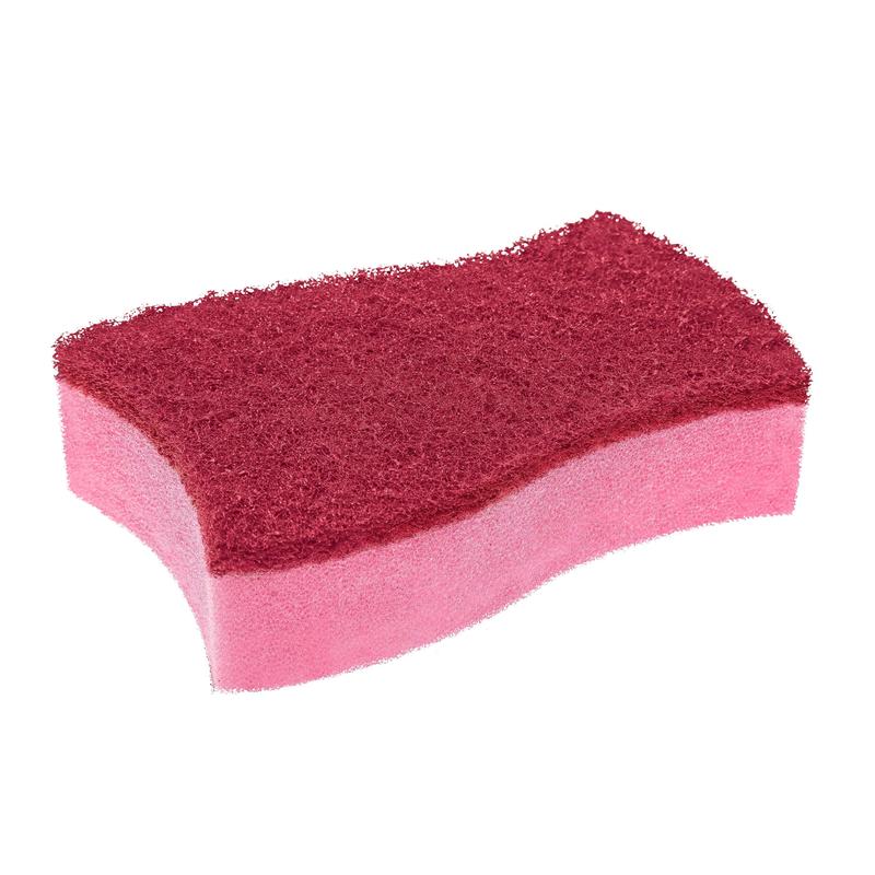 L'éponge de nettoyage non abrasive Scotch-Brite® Delicate Color de 3M Deutschland GmbH (2 pièces par paquet) est rose, rectangulaire et a une surface texturée rouge foncé - idéale pour les surfaces délicates.