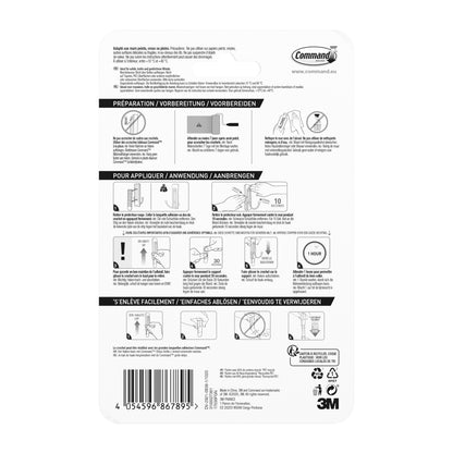 Auf der Rückseite des Großen Command™ Doppelhakens aus gebürstetem Nickel (17036, 1 Haken, 1 Strip) von 3M Deutschland GmbH befinden sich mehrsprachige, bebilderte Hinweise, Sicherheitssymbole, Barcode, Markenlogos und ein Recycling-Symbol.