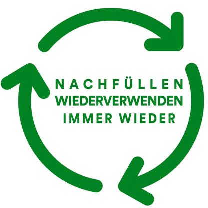 Drei grüne Pfeile bilden ein Recycling-Symbol rund um "NACHFÜLLEN WIEDERVERWENDEN IMMER WIEDER" - perfekt für die Wiederverwendung und Nachfüllung von umweltfreundlichem Scotch® Magic™ Klebeband (66 % pflanzlicher Klebstoff, 3 Rollen/Packung, 3M).
