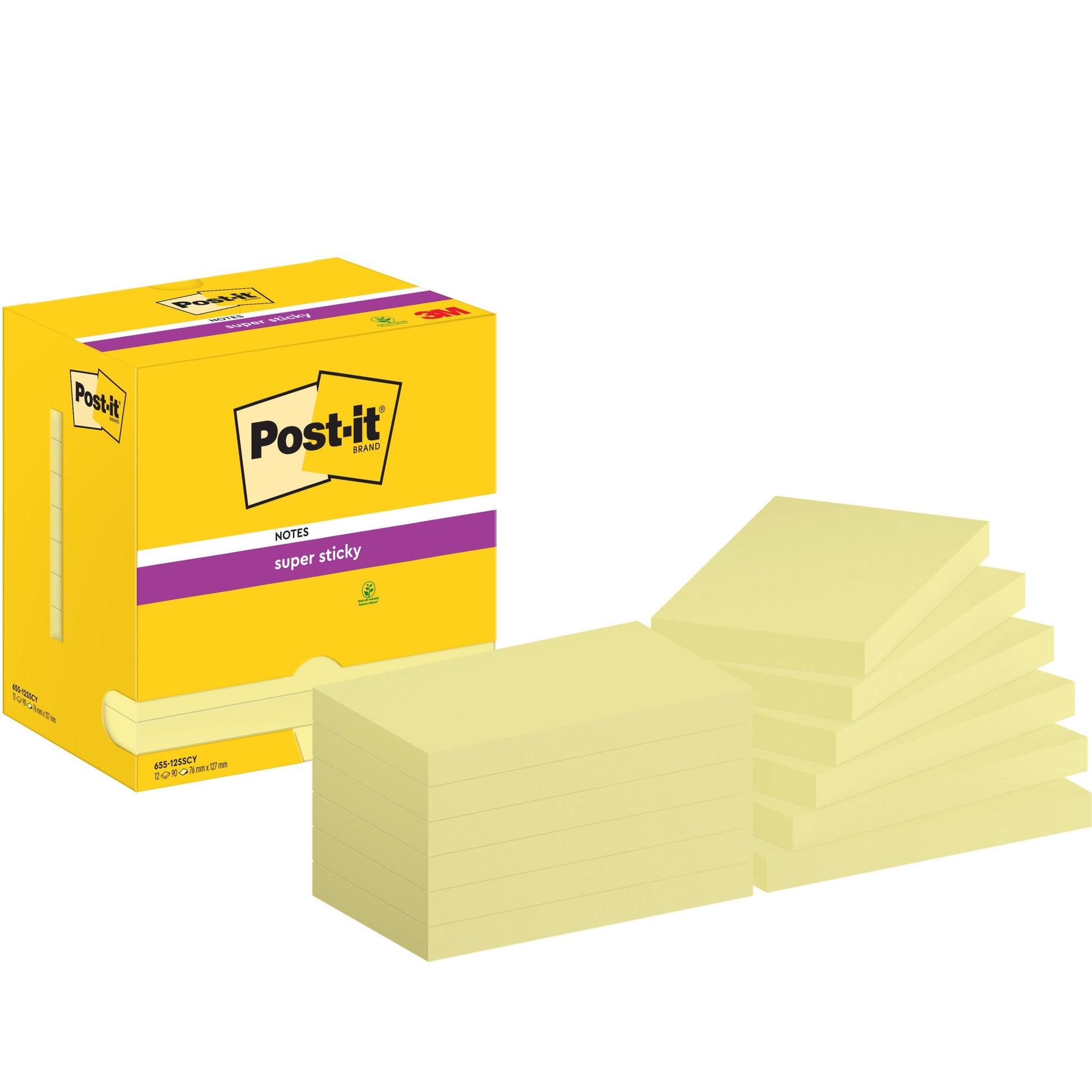 Eine Schachtel Post-it® Super Sticky Notes (Gelb, 76x127mm, 90 Blatt/Block, 12 Blöcke) von 3M Deutschland GmbH wird neben mehreren gestapelten gelben Blöcken gezeigt, die vor und neben der Kartonverpackung angeordnet sind.