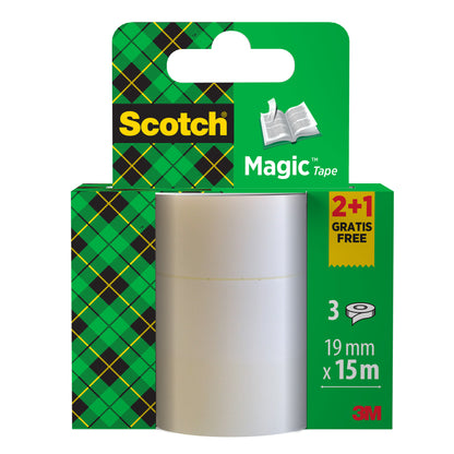 Le paquet promotionnel de ruban invisible Scotch® Magic™ (3M Deutschland GmbH) contient 2 rouleaux + 1 rouleau GRATUIT de 19 mm x 15 m - idéal pour les projets de bricolage ou le bureau, avec un emballage vert et jaune et une mention "2+1 gratuit".