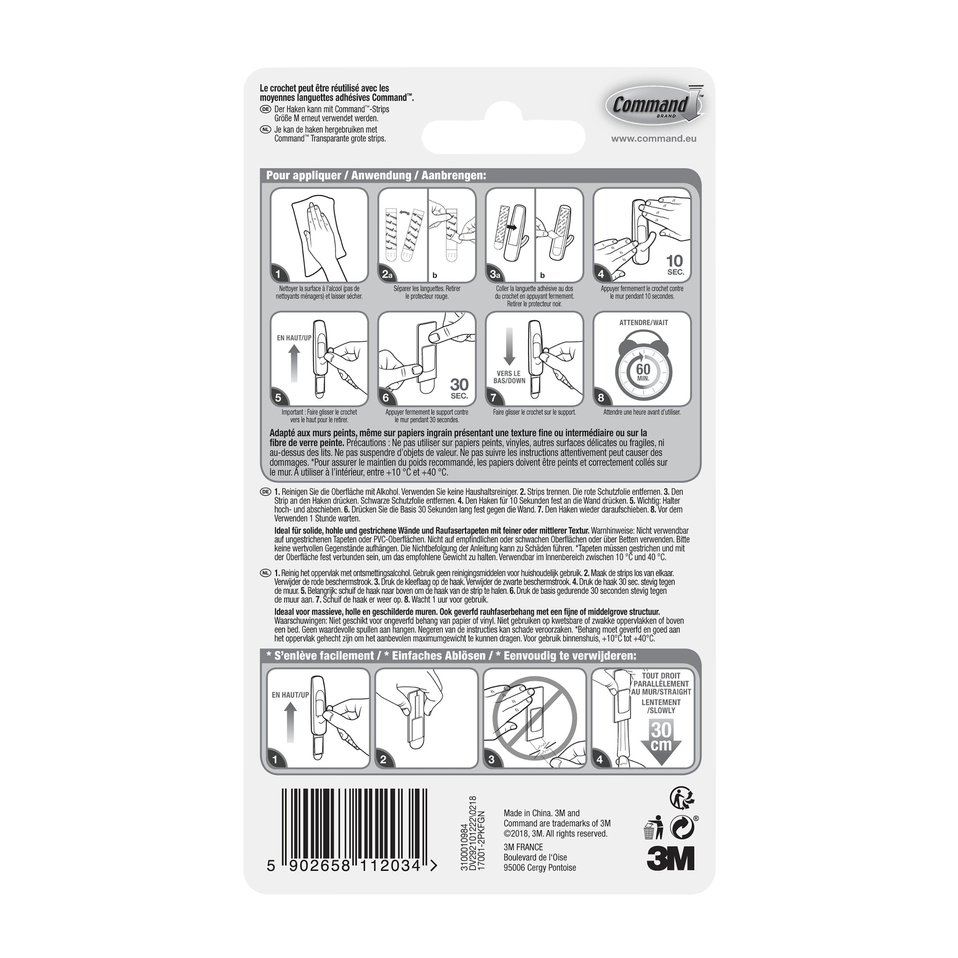 Die Rückseite des 3M Deutschland GmbH Mittelgroße Command™ Mehrzweckhaken M Vorteilspack (17001-2, 1 Stück) zeigt eine bebilderte Gebrauchsanweisung, einen mehrsprachigen Text und einen Barcode am unteren Rand.