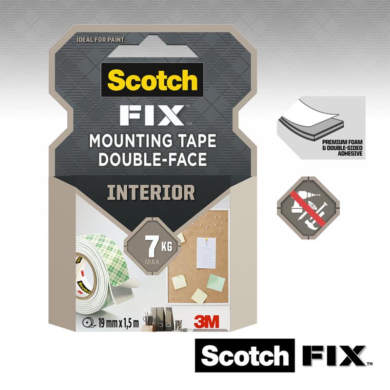 Emballage de ruban de montage intérieur double face Scotch-FIX™ de 3M Deutschland GmbH pour l'intérieur, taille 19 mm x 1,5 m, supporte jusqu'à 7 kg. Montre des images de bande, des exemples d'application, des caractéristiques et montre les logos Scotch et 3M.