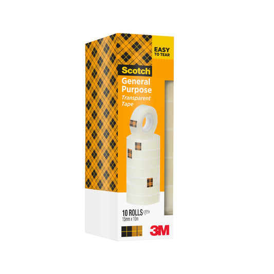 Eine Schachtel Scotch® 508 transparentes Klebeband der 3M Deutschland GmbH in einer Kartonverpackung mit 10 Rollen (je 15 mm x 10 m) zeigt auf der Vorderseite gestapelte Klebebandrollen und hebt das "Easy to Tear"-Design hervor.