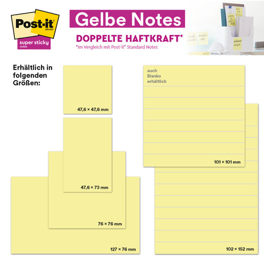 Eine Grafik zeigt 3M Post-it® Super Sticky Notes, gelb, 76 x 127 mm, 90 Blatt pro Block, 24 Blöcke pro Packung (100 % PEFC-zertifiziert), daneben eine Büroszene mit Notizen im Gebrauch.