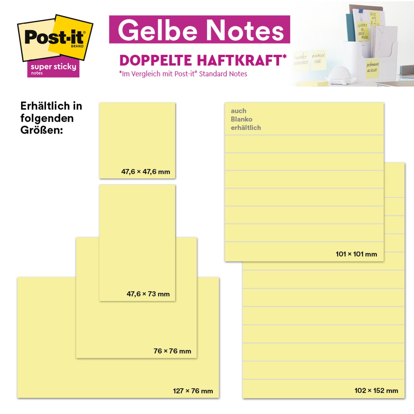Une annonce pour les notes Post-it® en jaune (101 mm x 101 mm, 200 feuilles/bloc) de 3M Deutschland GmbH montre quatre tailles de notes adhésives jaunes - fournitures de bureau idéales - avec un présentoir et un logo au-dessus. Produit : 100% certifié PEFC, SGSCH-PEFC-COC-110078.