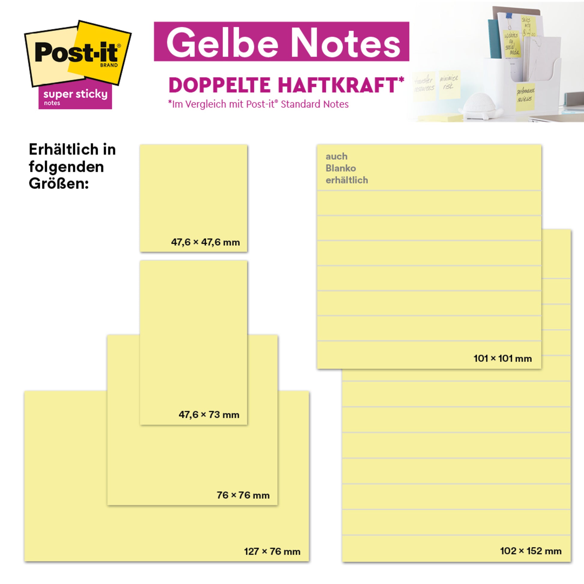 Eine Anzeige der 3M Deutschland GmbH für Post-it® Notes (gelb, 38 x 51 mm) wirbt für eine Packung mit 8 Blöcken plus 4 Gratisblöcken mit je 100 Blatt, in Kartonverpackung und PEFC-zertifiziert (SGSCH-PEFC-COC-110078).