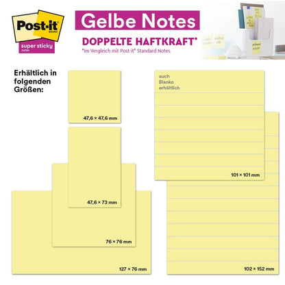 Image publicitaire pour Post-it® Notes de 3M Deutschland GmbH en jaune (76 mm x 127 mm, 100 feuilles/bloc, 12 blocs/carton, certifié PEFC), avec photos de produit et d'emballage.