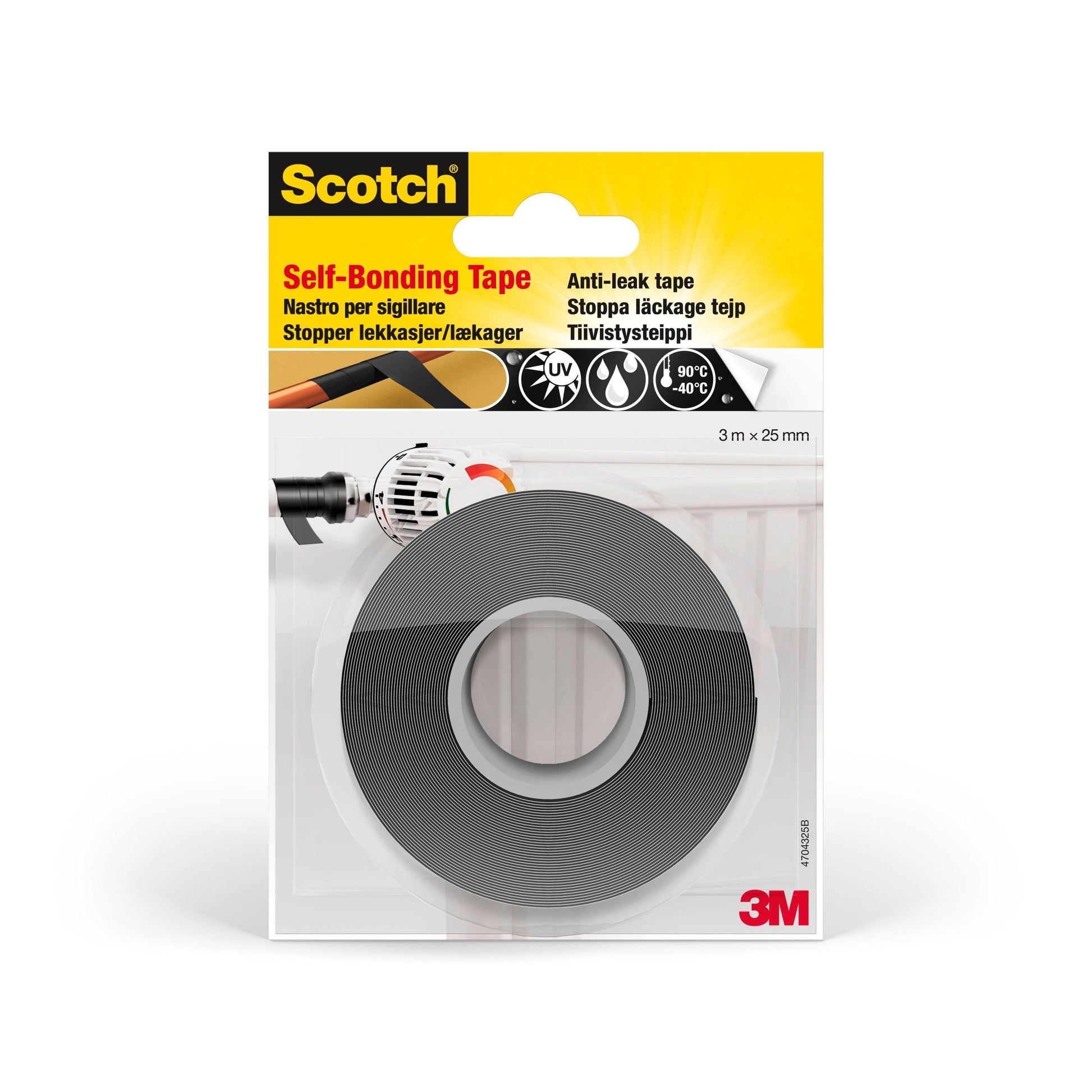 Eine Packung Scotch® selbstverschweißendes Reparaturband GFNSP 4704 von 3M Deutschland GmbH, schwarz, 25 mm x 3 m, zeichnet sich durch Dichtigkeit, UV-Beständigkeit und einen Temperaturbereich von -40°C bis 90°C aus.