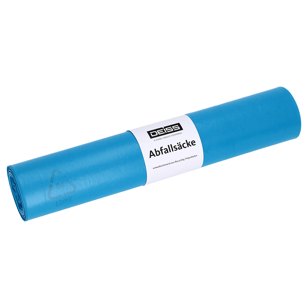 Deiss Abfallsäcke aus Recycling-LDPE, Typ 70, 120 Liter, 700x1100 mm, blau | Rolle (25 Stück)