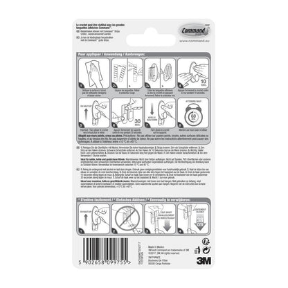 Le dos d'un emballage de crochet à vêtements Command™ 17019-FGN de 3M Deutschland GmbH montre un guide illustré étape par étape pour la fixation murale sans perçage, des avertissements, des détails sur le produit, le code-barres et le logo 3M en noir et blanc.