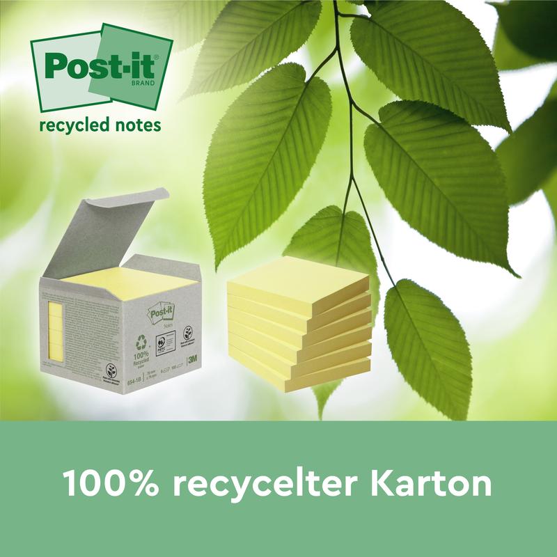 Une boîte de notes de recyclage Post-it® (76 x 127 mm, 100 feuilles/bloc, 100% PEFC) de 3M Deutschland GmbH est placée à côté de feuilles vertes. Le texte montre "100% carton recyclé" et "notes recyclées" avec le logo Post-it.