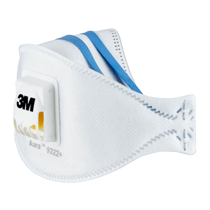 Die 3M™ Aura™ Comfort Cool Flow™ Partikelmaske 9322+, FFP2, von 3M Deutschland GmbH ist eine weiße Einweg-Atemschutzmaske mit blauem Band und einem Ausatemventil an der Vorderseite, dargestellt auf einem einfarbigen Hintergrund.