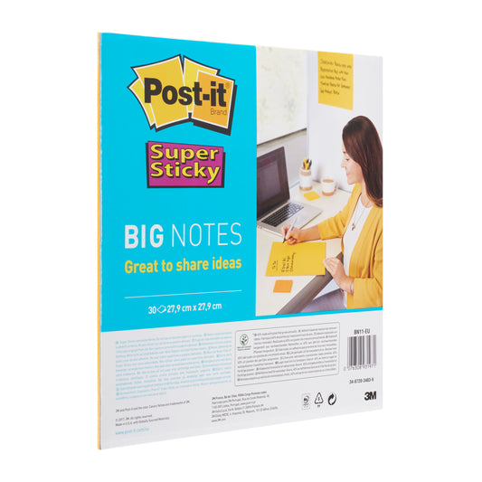 Eine Packung Post-it® Super Sticky Big Notes BN11-EU (gelb, 279 x 279 mm, 30 Blatt/Block, 1 Block), von 3M Deutschland GmbH. Perfekt für den Austausch von Ideen - die Packung zeigt eine Frau, die auf einem gelben Zettel an ihrem Schreibtisch mit einem Laptop schreibt.