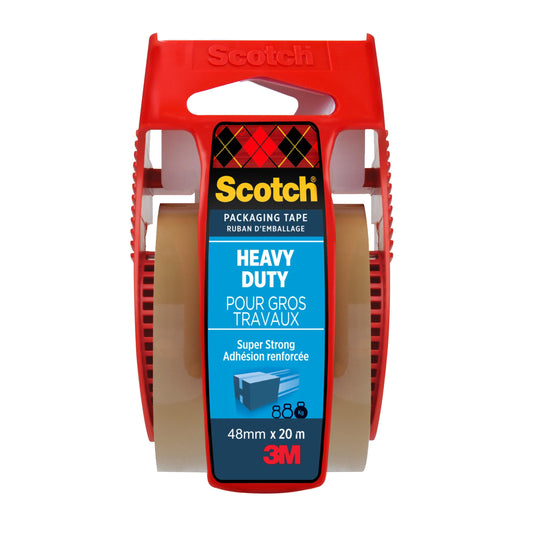 Abgebildet ist eine Rolle 3M Scotch® extra starkes Verpackungsklebeband in braun mit Spender. Es misst 48 mm x 20,3 m und ist ideal zum sicheren Verschließen schwerer Verpackungen. Eine Rolle pro Packung.