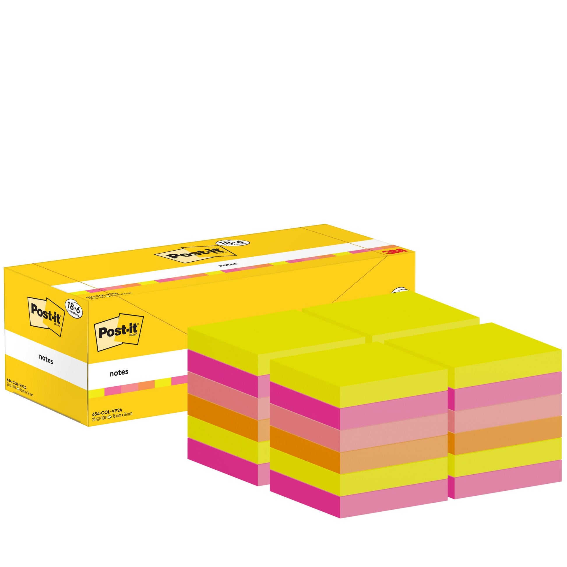 Abgebildet ist eine gelbe Schachtel Post-it® Notes der 3M Deutschland GmbH (76 mm x 76 mm, 100 Blatt/Block, 100% PEFC) mit sechs Stapeln quadratischer Haftnotizen in den Farben Gelb, Orange und Pink, die abwechselnd übereinander liegen.