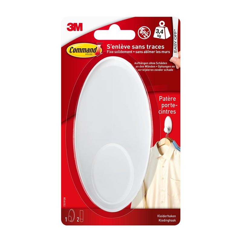 Le crochet à vêtements 3M Command™ 17019-FGN de 3M Deutschland GmbH supporte jusqu'à 3,4 kg, se fixe sans perçage et est livré dans un emballage rouge et blanc avec un texte en allemand et en français et l'image d'un manteau sur le crochet en plastique.