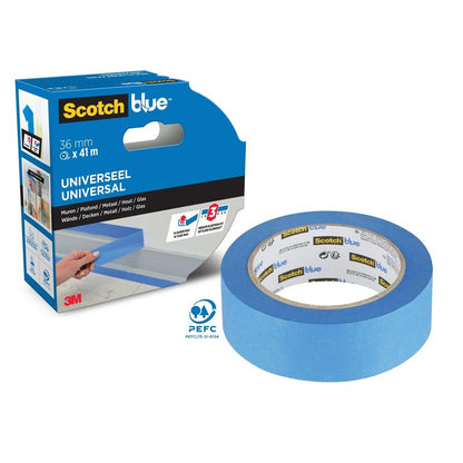 Un rouleau de ruban de masquage ScotchBlue™ "Multi-Surface" de 3M Deutschland GmbH est représenté dans un emballage bleu-noir avec le logo 3M, une largeur de bande de 36 mm et une indication de l'adéquation pour plusieurs surfaces.