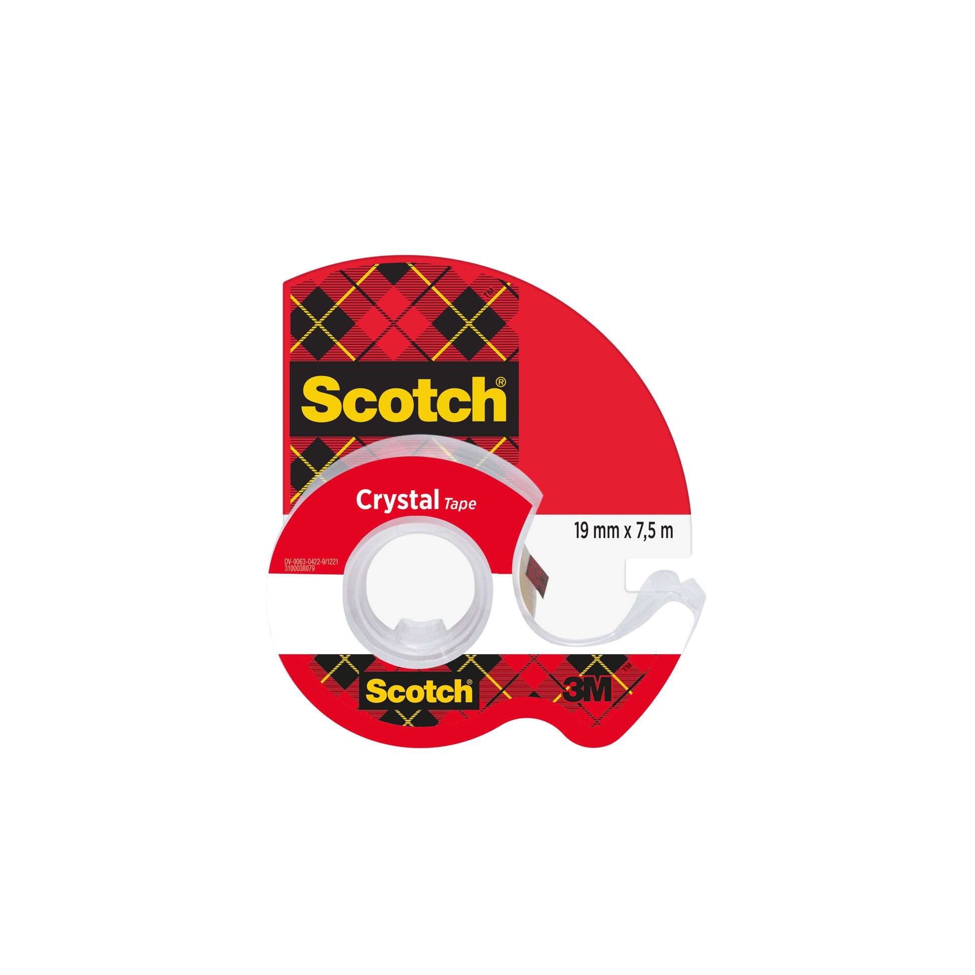Abgebildet ist eine Packung Scotch® Crystal Klebeband (19 mm x 7,5 m) der 3M Deutschland GmbH, bestehend aus 1 Rolle und einem Handabroller, in einem transparenten Spender.