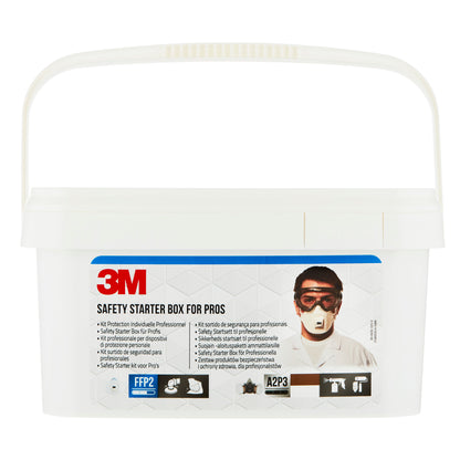La boîte de démarrage de protection 3M™ pour professionnels 1000MCWE de 3M Deutschland GmbH est un ensemble blanc avec une poignée de transport et une étiquette indiquant l'utilisation des EPI (protection respiratoire, oculaire et auditive), ainsi que des informations sur le produit et la certification. 1 ensemble/paquet.