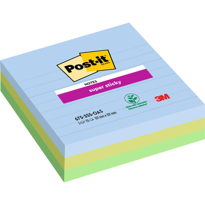 L'image montre une pile de notes adhésives 3M Post-it® Super Sticky au format large (101 x 101 mm, 70 feuilles/bloc, 100% PEFC) en couleurs pastel, avec des notes bleues sur le dessus. L'emballage affiche les logos de Post-it et de 3M Deutschland GmbH ainsi que les informations sur le produit.