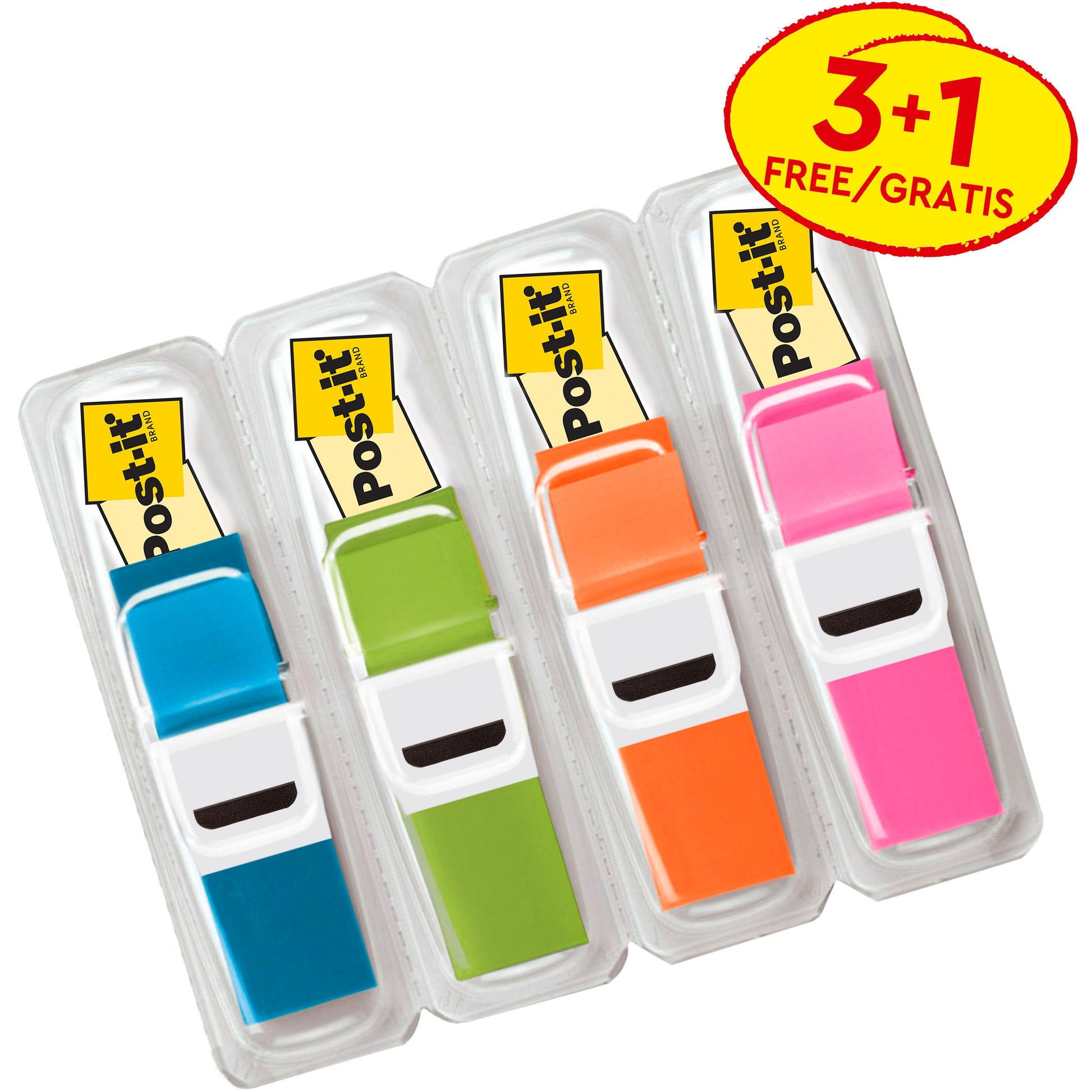 Vier Packungen 3M Post-it® Index Mini transluzente Seitenmarker (11,9 mm x 43,2 mm) in den Farben blau, grün, orange und rosa, "3 Spender + 1 Gratis"-Promo-Packung; jeder Spender enthält 35 Marker in einer Reihe angeordnet.