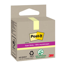 Eine beigefarbene Schachtel Post-it® Super Sticky 100% Recycling Notes (47,6 x 47,6 mm, 70 Blatt/Block, PEFC) von 3M Deutschland GmbH ist mit umweltfreundlichen Symbolen und "100% recyceltes Papier"-perfekten umweltfreundlichen Haftnotizen versehen.