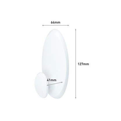 Le crochet à vêtements Command™ 17019-FGN de 3M Deutschland GmbH a un dos ovale blanc (127x64mm) et un crochet rond (Ø41mm). Les flèches montrent ces dimensions. Idéal pour une fixation murale sans perçage.