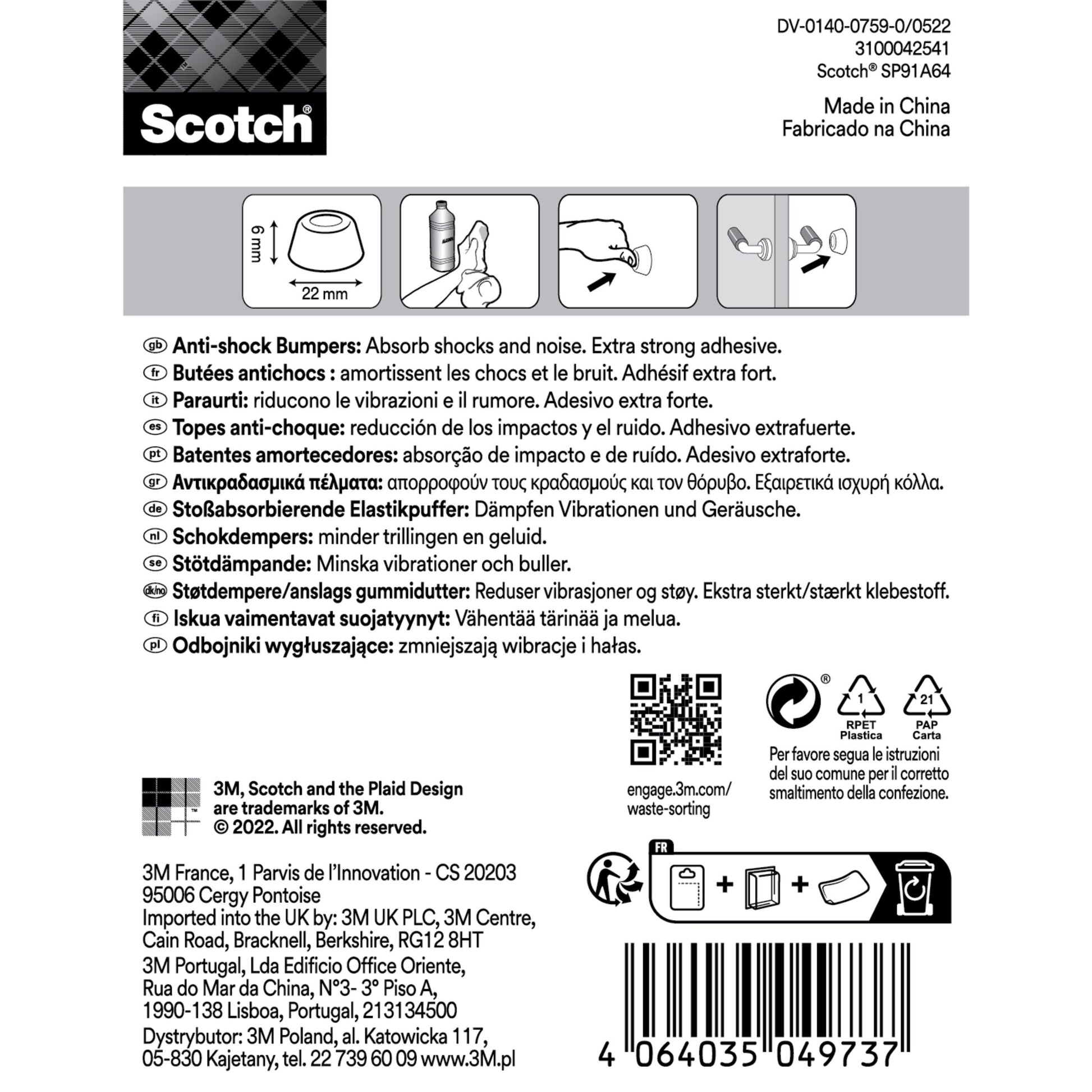 Produktetikett für Scotch® Stoßabsorbierende Elastikpuffer für Wände SP91A64 (Ø 22 mm, selbsthaftend, transparent, 4/Packung) von 3M Deutschland GmbH; mehrsprachiger Text, Icons, Anleitung, Barcode, Recycling- und Sicherheitssymbole in schwarz auf weiß.