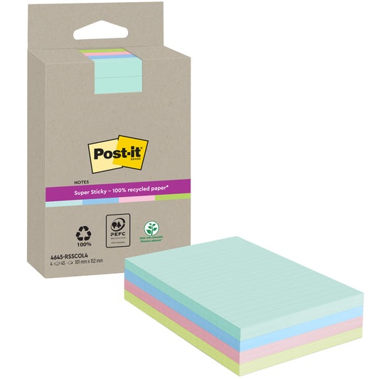 Eine Packung 3M Post-it® Super Sticky 100% Recycling Notes (102x152 mm, liniert, farblich sortiert, 45 Blatt/Block, 4 Blöcke/Packung) ist neben pastellgrünen, blauen, rosa und gelben Notizen abgebildet. Die Verpackung zeigt Recycling-Symbole.