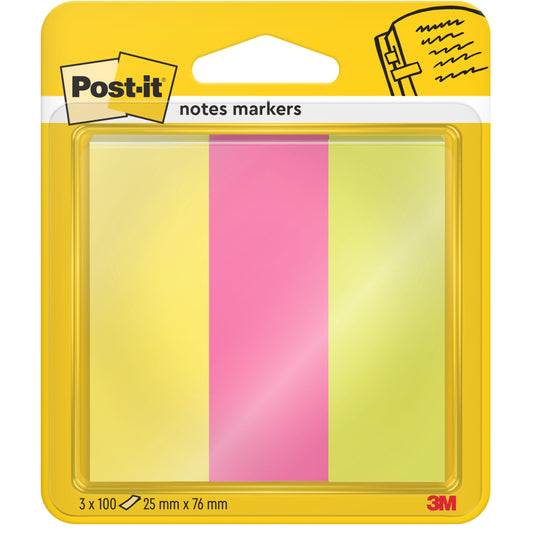 Eine Packung 3M Post-it® Page Markers, Energetic Collection, enthält drei 25 x 76 mm große Blöcke (je 100 Blatt) in verschiedenen Farben, PEFC-zertifiziert und in gelber Verpackung.