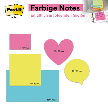 Eine Tabelle zeigt Post-it® Notes von 3M Deutschland GmbH in fünf Formen und Größen: 51x38 mm (rosa Rechteck), 76x76 mm (gelbes Quadrat, 100 Blatt/Block, 100% PEFC), 127x76 mm (blaues Rechteck), 70x70 mm (rosa Herz oder gelbe Sprechblase).