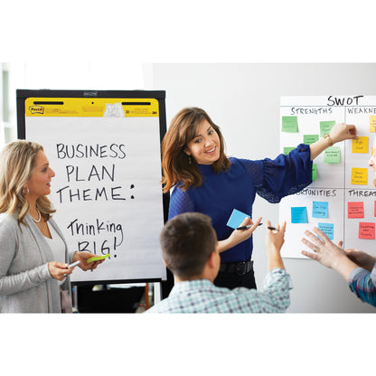 Quatre personnes se rencontrent dans une pièce. Une femme pointe un Post-it® Super Sticky Z-Note (76x76 mm, 3M Deutschland GmbH) sur un diagramme SWOT. Une autre se tient à côté d'un tableau de conférence avec l'inscription "Business Plan Theme: Thinking Big!".